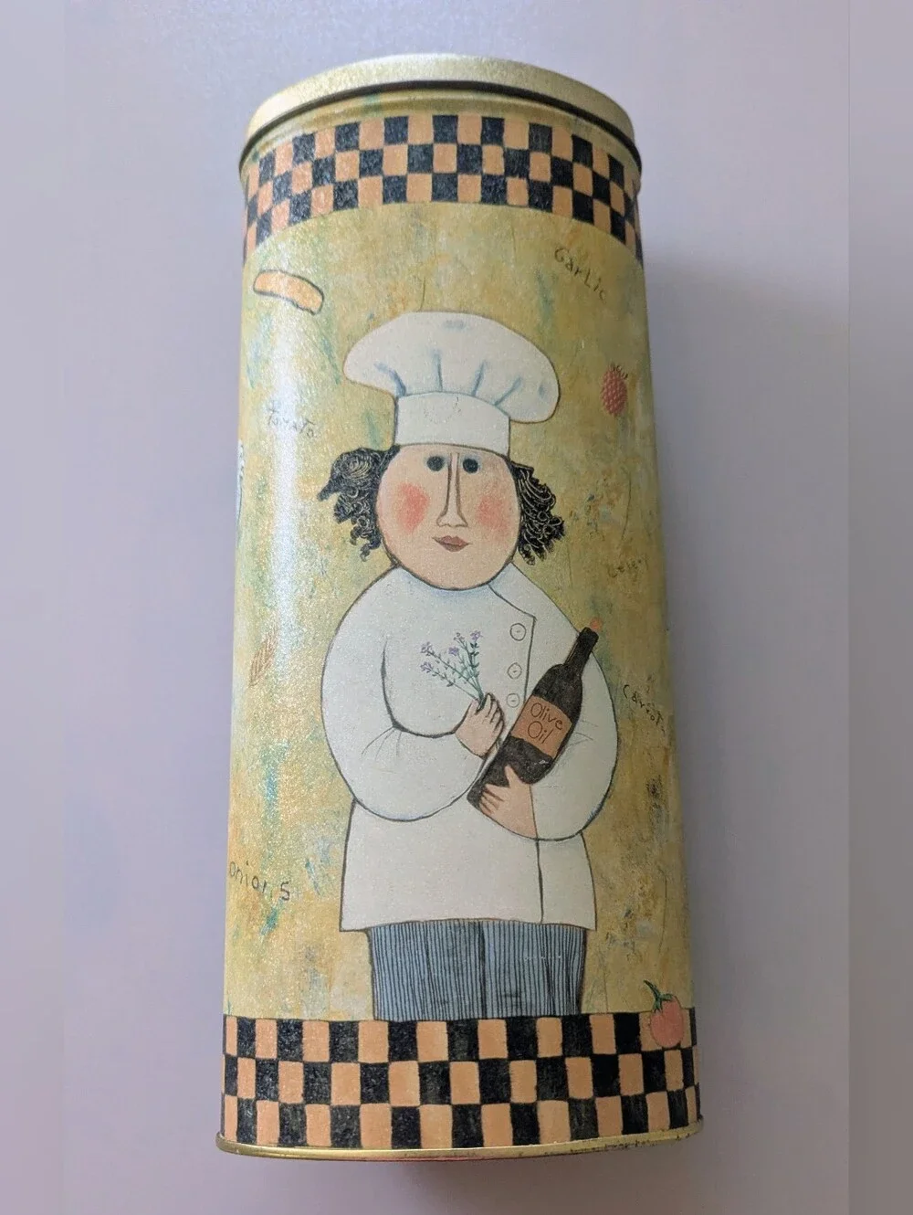 Collectible Chef Pasta Tin By Barbara Olsen. Kitchen Storage Tin with Lid. 11x5